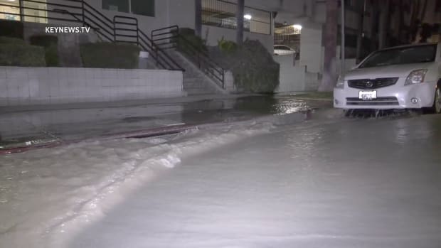 Water Gushes into Street from Water Main Break in Koreatown