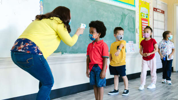 Children wearing masks in school
