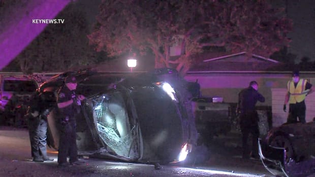 Police Inspect Vehicle in Montclair Rollover Crash