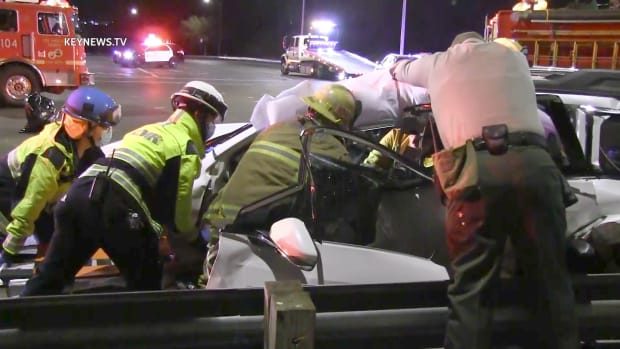 First Responders Work to Free Trapped Person After 3-Vehicle Collision in Canyon Country
