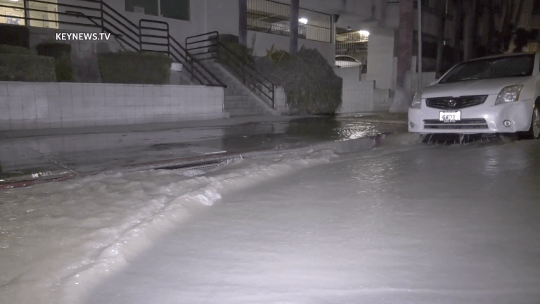 Water Main Break in Koreatown Sends Water Gushing into Street