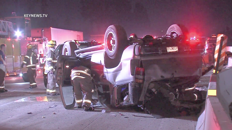 Video: 1 Trapped in Overturned Vehicle After 60 Freeway Crash