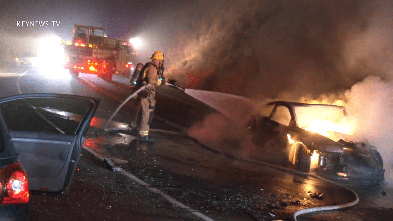 2 Vehicle Traffic Collision, 1 Engulfed in Flames on Santa Susana Pass