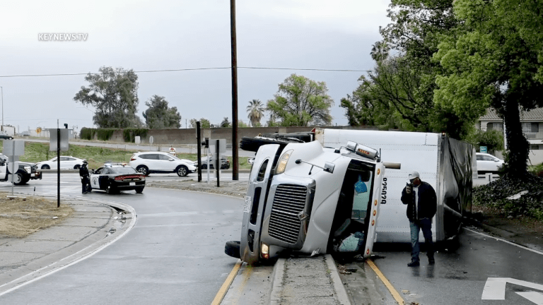 Driver Extricates Himself from Overturned Semi Tractor Trailer in Burbank 