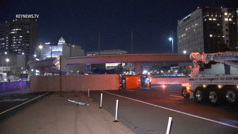Big Rig Overturned on 101 Freeway in Downtown Los Angeles
