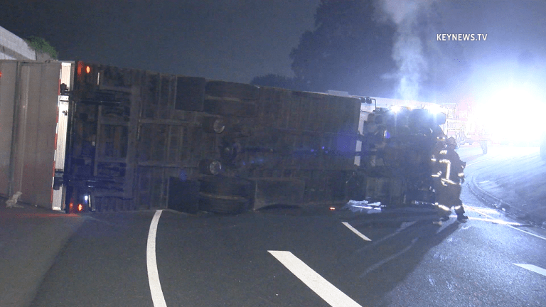 Box Truck Overturns on 405 Off-Ramp in Granada Hills