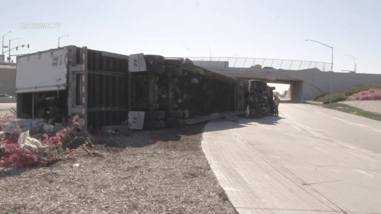 Overturned Big Rig on Westbound I-10 Freeway at West Cherry On-Ramp