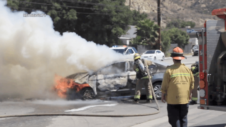 Vehicle Catches Fire After Collision in Newhall