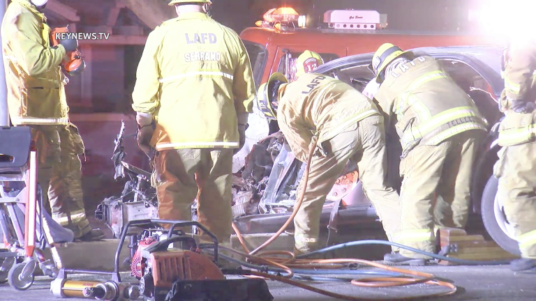 Firefighters Extricate Trapped Man in Vehicle After Collision with Light Pole (GRAPHIC)