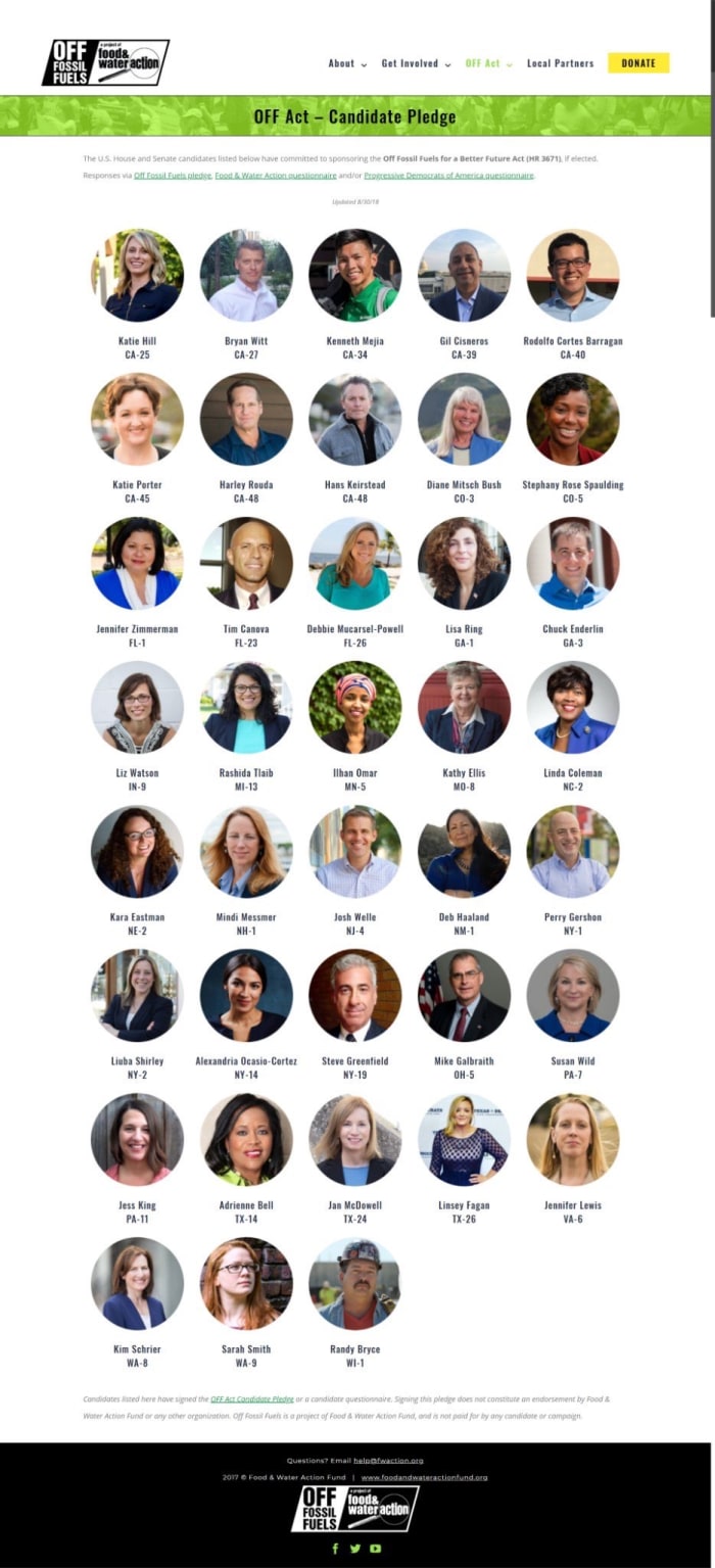 AOC joins some recognizable faces like Tim Canova, Kenneth Mejia, Sarah Smith, and Rashida Tlaib in pledging to pass the Off Fossil Fuels Act if elected to Congress.