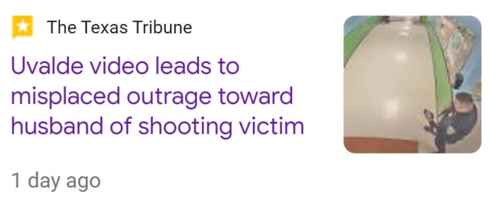 Title Published by Texas Tribune defending Uvalde cop Ruben Ruiz, who couldn't muster up enough courage to confront the gunman, even though his wife was trapped inside with the shooter.