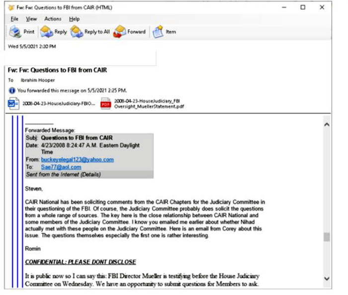 Romin Iqbal shares CAIR communications marked ”CONFIDENTIAL: PLEASE DONT DISCLOSE” with IPT’s Steve Emerson