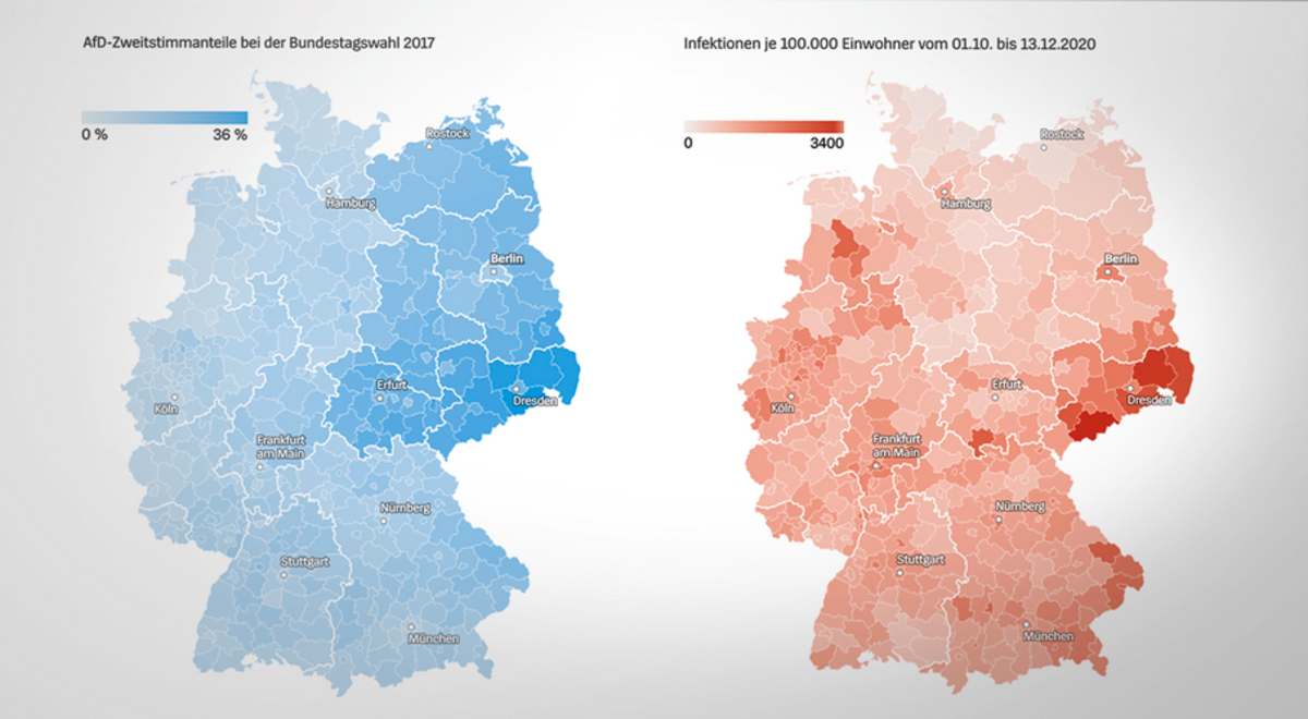 Density of AfD votes in 2017 (left) and COVID-19 infections in 2020 (right)