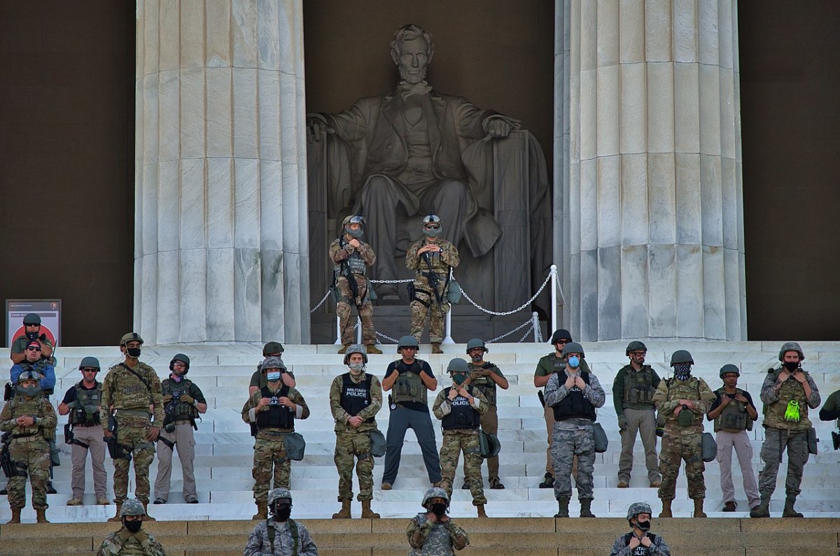 Members of the D.C. National Guard and U.S. Marshals Service stand guard at the Lincoln Memorial on June 2, 2020.