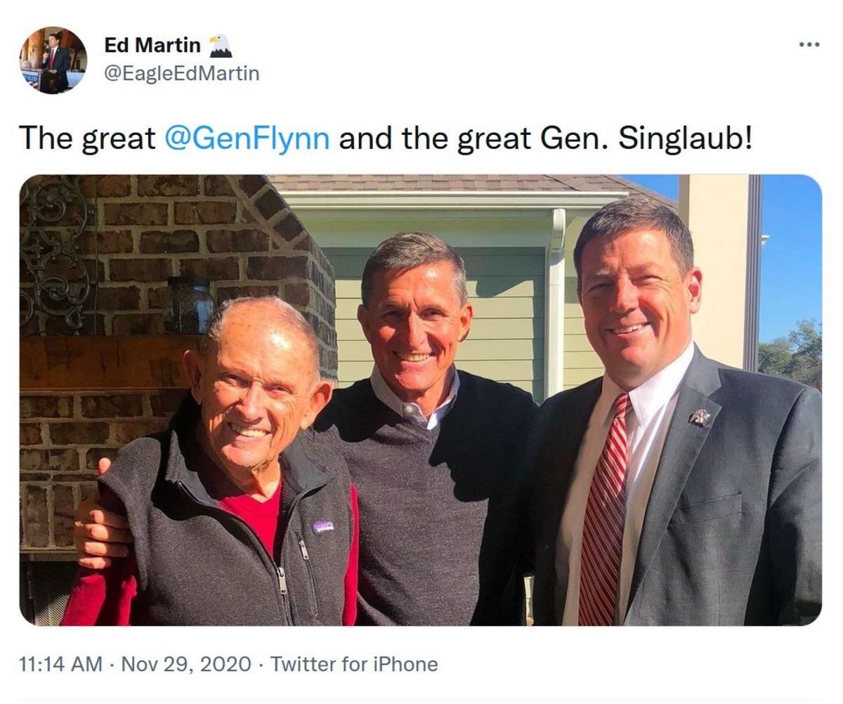 A photo of Gen. John Singlaub, Lt. Gen. Michael Flynn, and Phyllis Schlafly Eagles President Ed Martin, posted by Martin on November 29, 2020, four days after former President Trump pardoned Flynn. Martin and Flynn are currently subpoenaed by the January 6 Committee. (Archived)