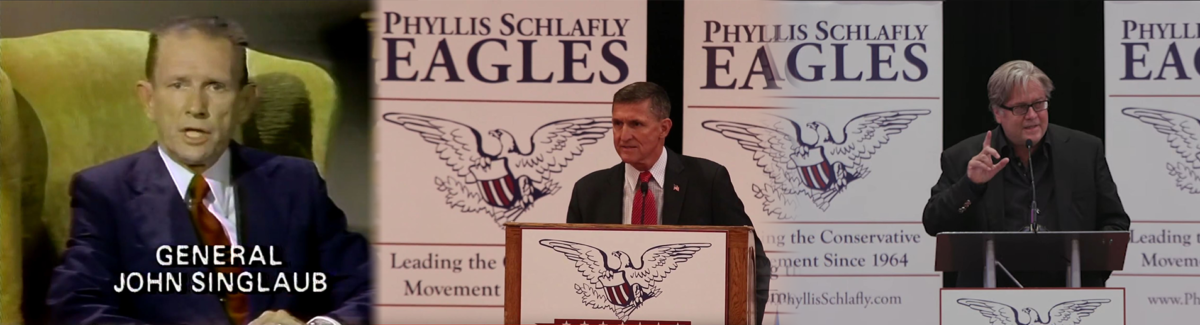 Gen. John Singlaub in 1977 lecture, Mike Flynn (2018) and Steve Bannon (2019) praising Singlaub. (Video source: Phyllis Schlafly Eagles YouTube.)