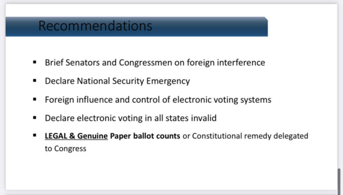 The “National Security Emergency” solution calling for tossing out millions of 2020 presidential election votes on slides promoted by Mark Meadows, according to the January 6 Committee. Other slides call on former President Trump to put federalized military personnel in control of local election processes. (Both PDF and PowerPoint versions of this slide deck are available.)