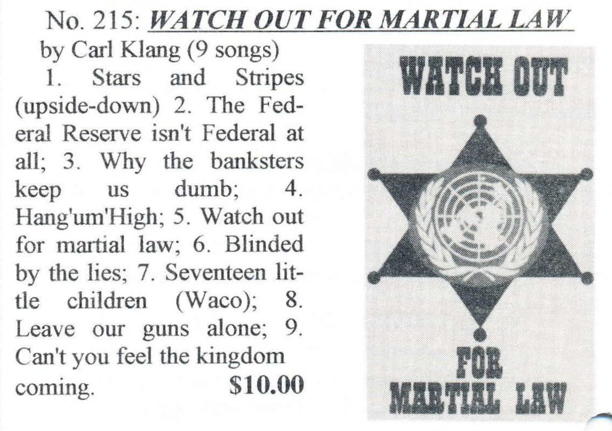 Ad for Carl Klang's album from the Militia of Montana mail order catalog, January 1, 1996