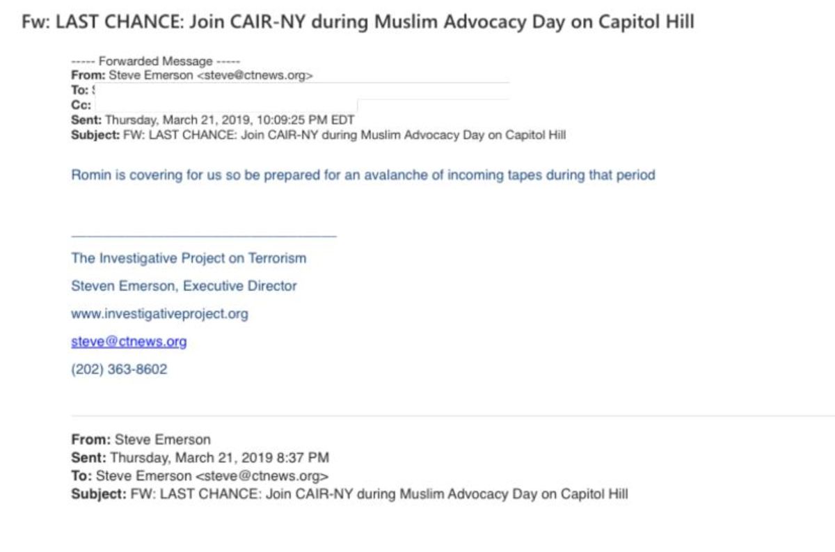 IPT’s Steve Emerson notifies his employees that mole Romin Iqbal will be providing them with an “avalanche of incoming tapes” from a CAIR gathering