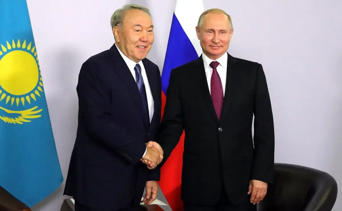 Russian President Vladimir Putin (right) and Kazakhstan's leader at the time, Nursultan Nazarbayev, are seen during their meeting as part of the Eurasian Economic Union (EAEU) summit in Sochi, Russia, on May 14, 2018. Photo: Kremlin Press Office / Handout / Anadolu Agency via AFP
